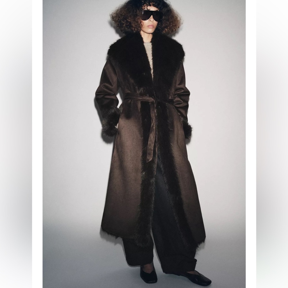 ZARA Belted Faux Fur Long Coat – Brown – NWT- Small